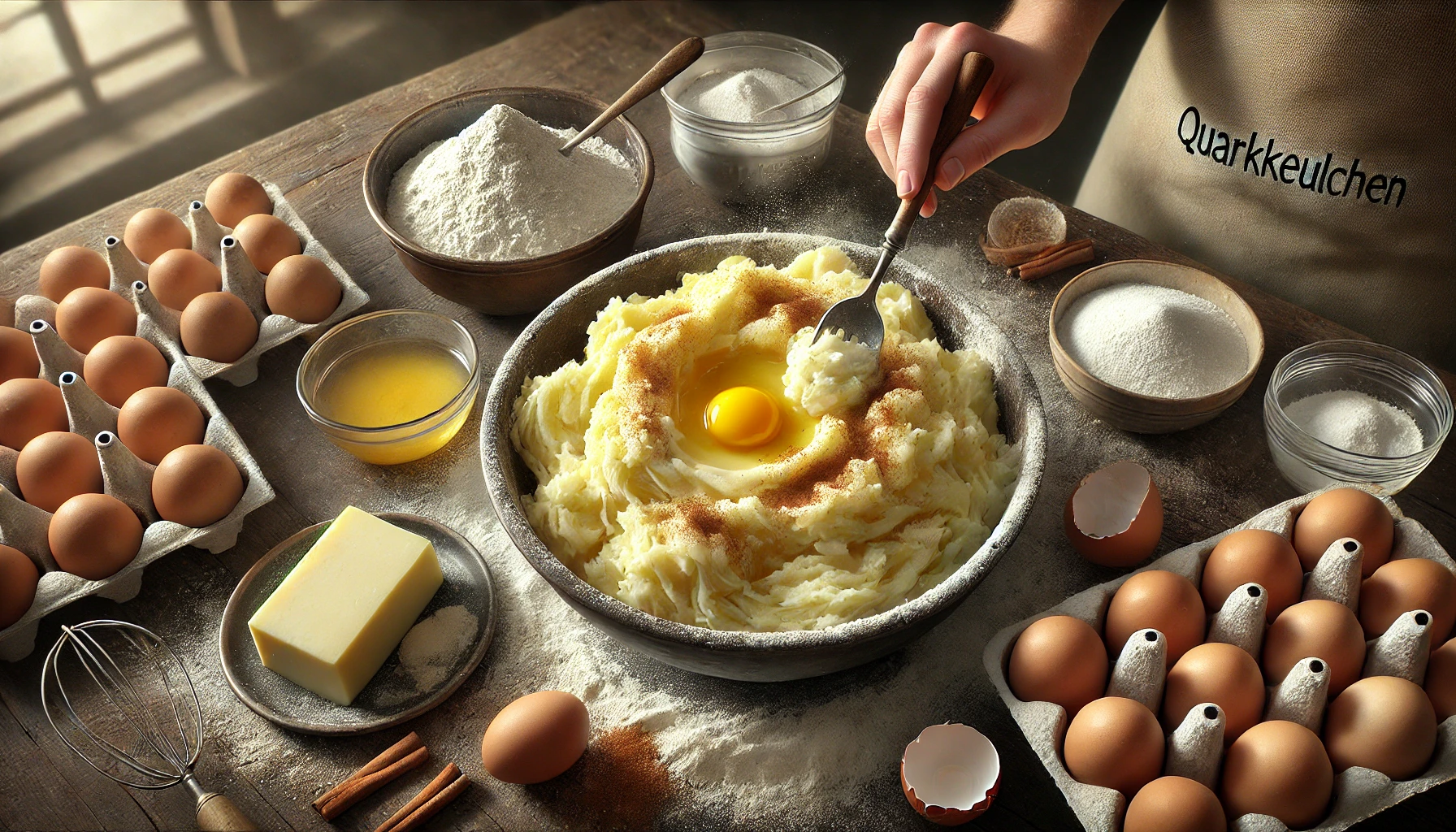 Die zerdrückten Kartoffeln werden mit Quark, Mehl und Ei zu einem glatten Teig vermengt.