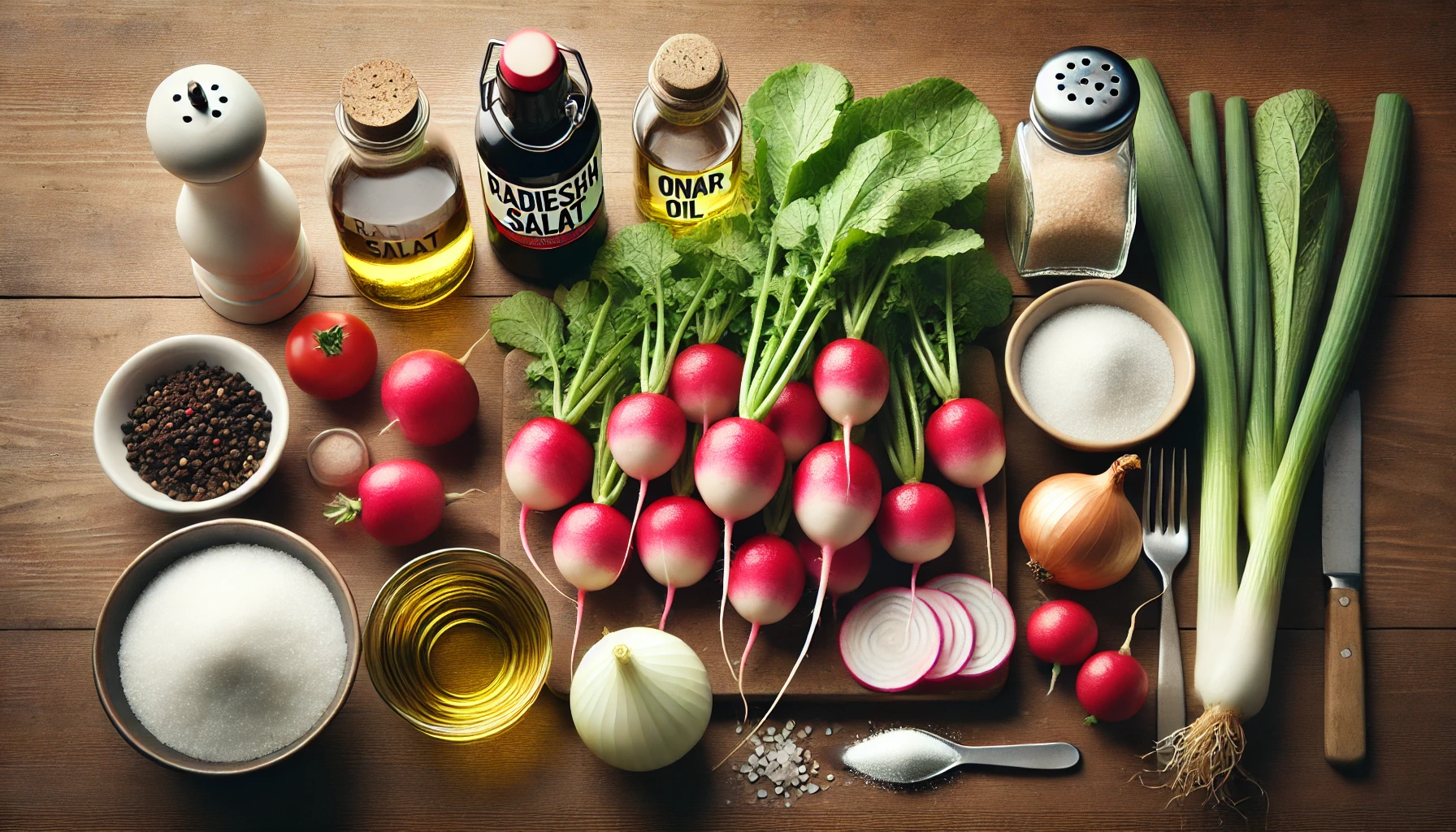 Radieschen, eine Zwiebel, Essig, Öl, Zucker und Salz liegen ordentlich auf einem Holzbrett bereit zur Zubereitung.