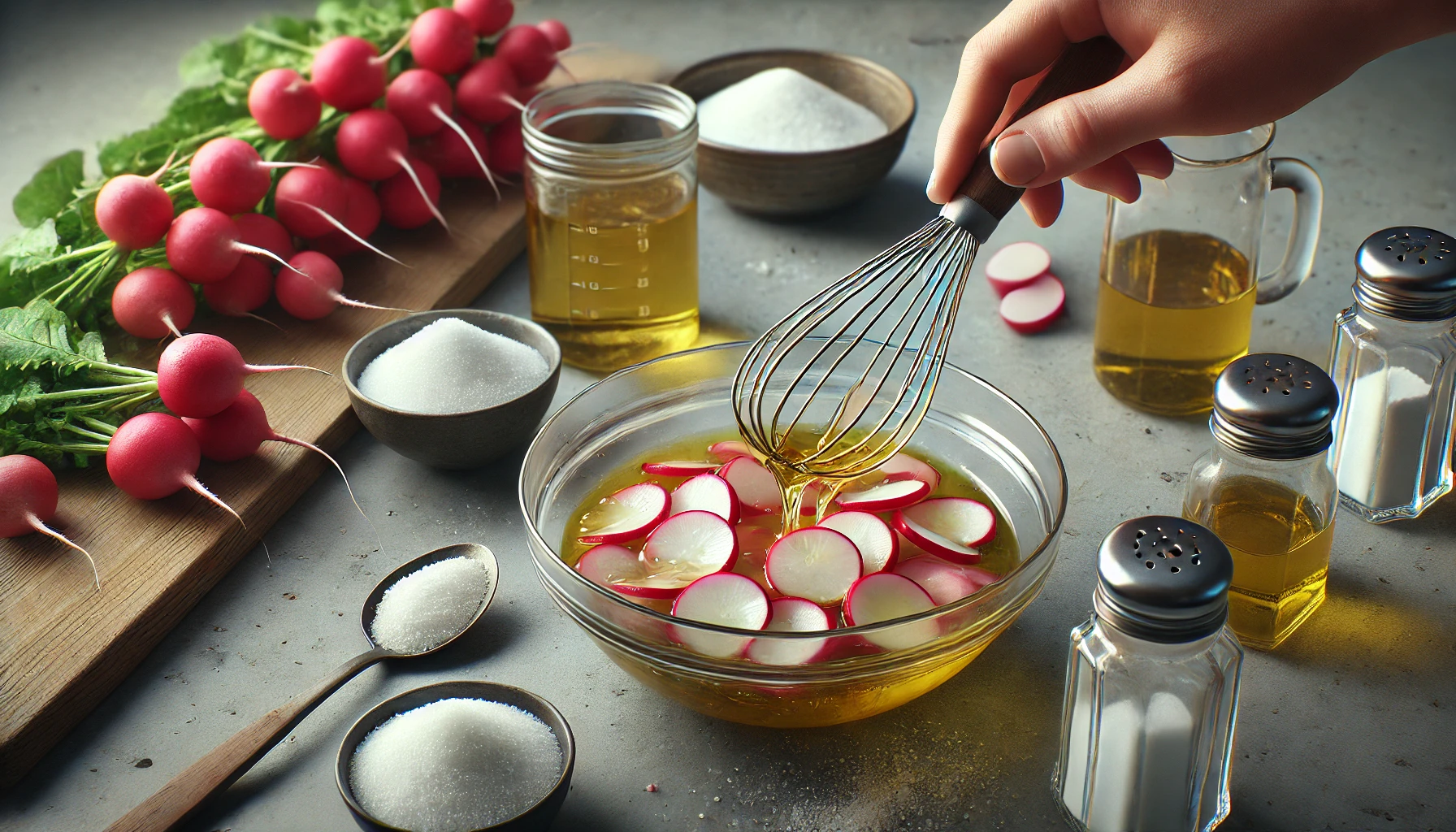 Essig, Öl, Zucker und Salz werden in einer kleinen Schüssel verrührt, um die einfache, aber leckere Marinade herzustellen.