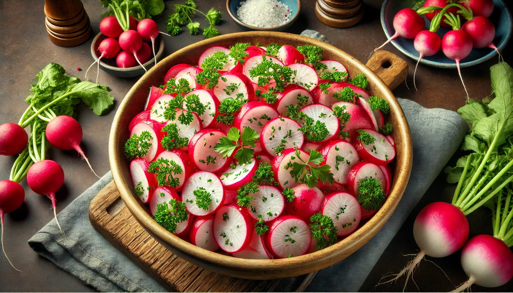 Der Radieschensalat ist in einer Schale angerichtet, mit frischen Kräutern garniert, und die knallrote Farbe der Radieschen sorgt für einen farbenfrohen Akzent auf dem Tisch.