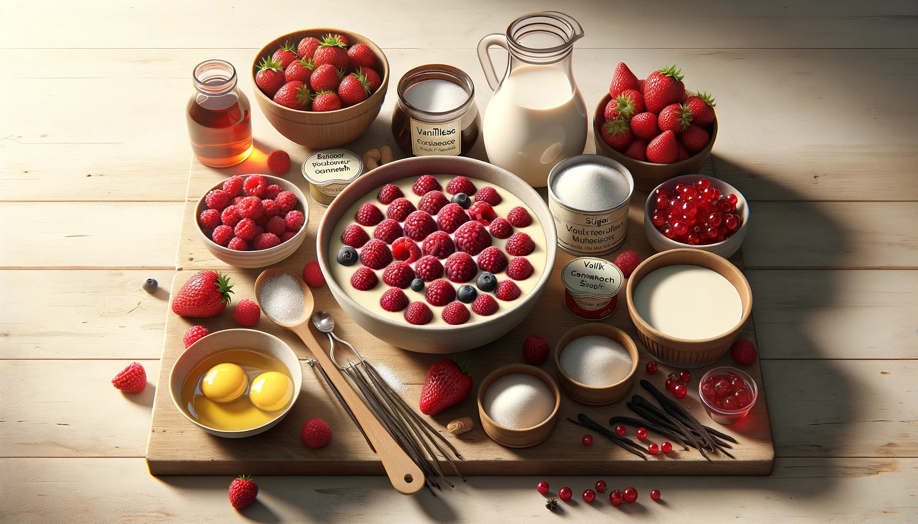 Eine Schale mit verschiedenen roten Beeren, Zucker, Speisestärke und Wasser oder Fruchtsaft liegen bereit.