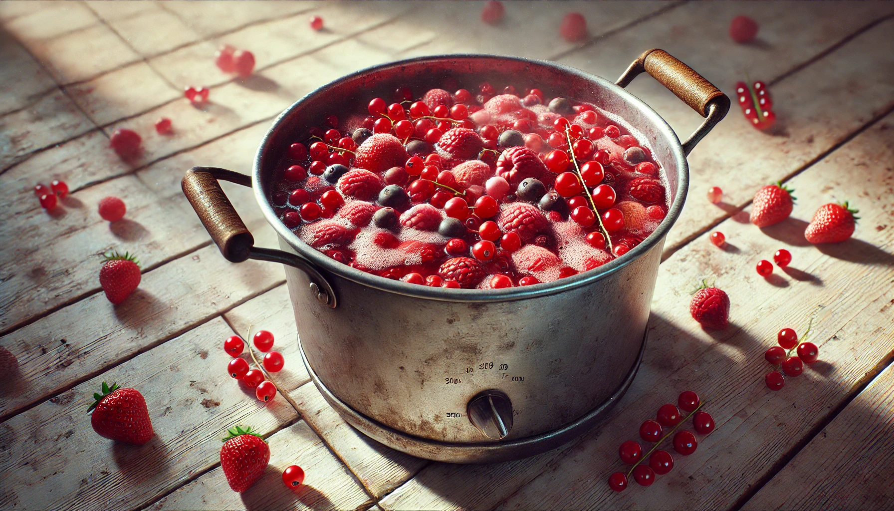 Die Beeren werden im Topf erhitzt, während der Zucker und die aufgelöste Speisestärke hinzugegeben werden.