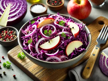 Der Rotkrautsalat ist fertig angerichtet in einer Schüssel und sieht durch die kräftige, violette Farbe des Kohls besonders appetitlich aus.