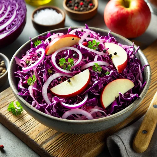 Der Rotkrautsalat ist fertig angerichtet in einer Schüssel und sieht durch die kräftige, violette Farbe des Kohls besonders appetitlich aus.