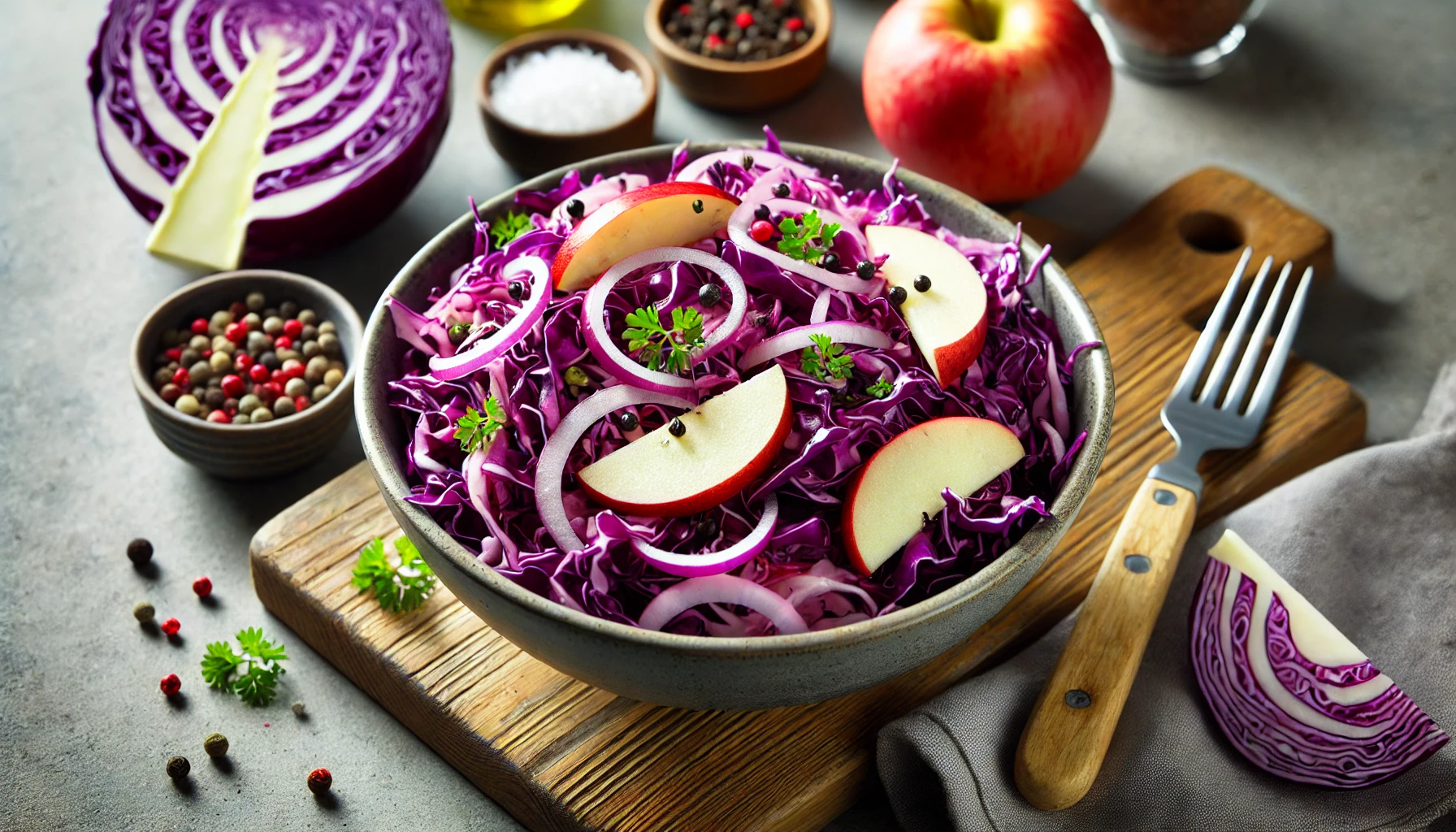 Der Rotkrautsalat ist fertig angerichtet in einer Schüssel und sieht durch die kräftige, violette Farbe des Kohls besonders appetitlich aus.