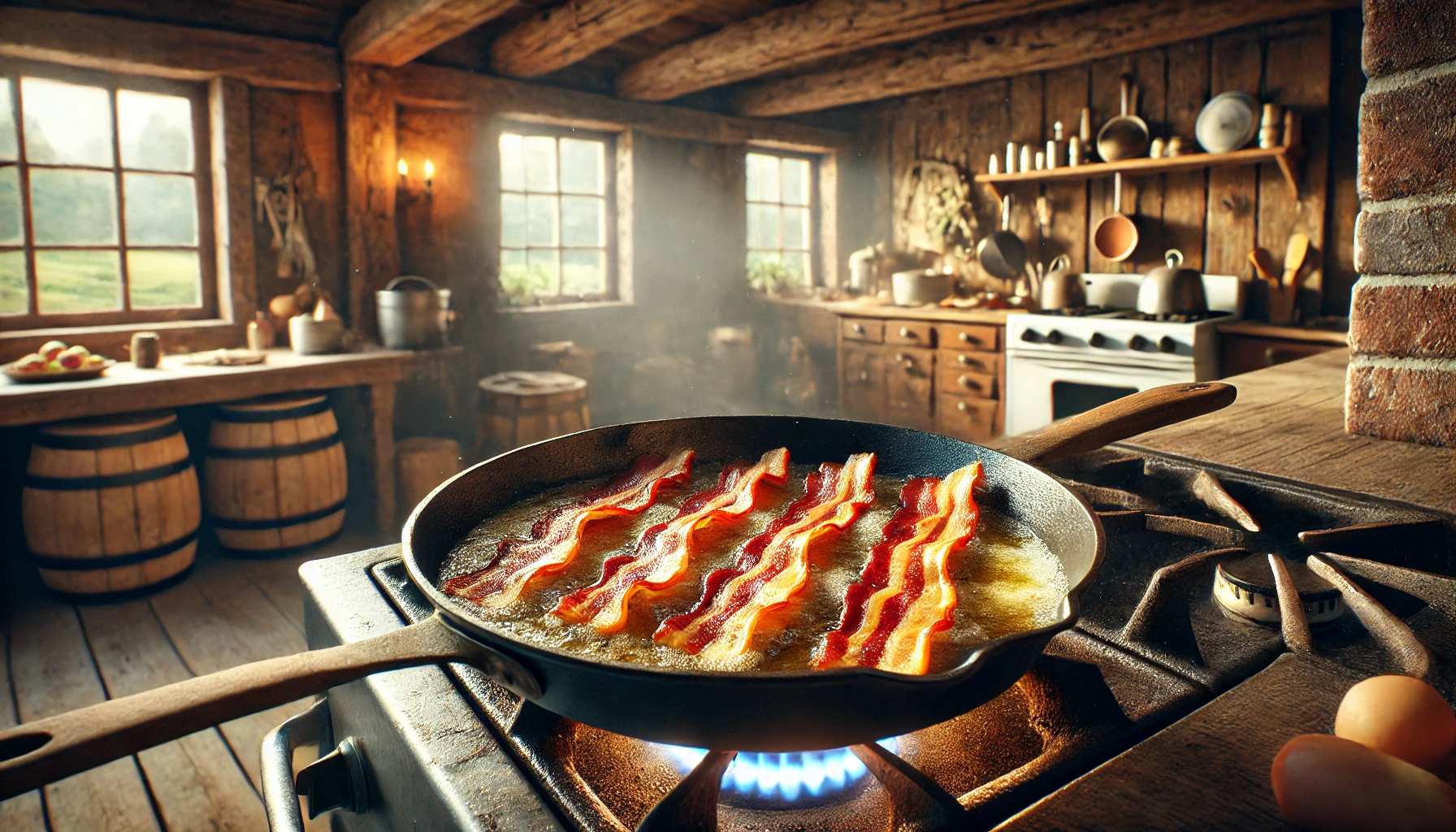 Das Foto zeigt eine Pfanne auf einem Herd, in der Speckstreifen in Butter gebraten werden. Der Speck ist fast fertig und sieht knusprig aus. Im Hintergrund ist die rustikale Küche zu sehen, die eine gemütliche Atmosphäre ausstrahlt.