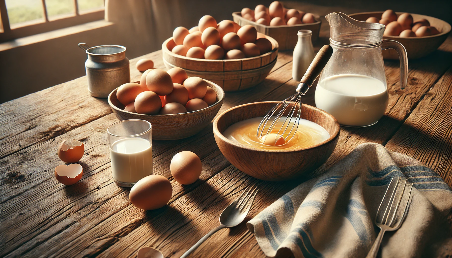 Das Foto zeigt eine Schüssel mit verquirlten Eiern, die mit einer Gabel oder einem Schneebesen aufgeschlagen werden. Neben der Schüssel stehen ein paar Eier und ein kleiner Krug mit Milch, bereit zum Eingießen. Die Szene ist warm und einladend.