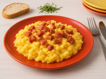 Rührei mit Speck nach DDR-Rezept auf rotem Teller, cremiges Rührei mit knusprigem Speck, daneben Brot, frische Kräuter und modernes Besteck auf weißem Holztisch, fotorealistisch, Breitformat.