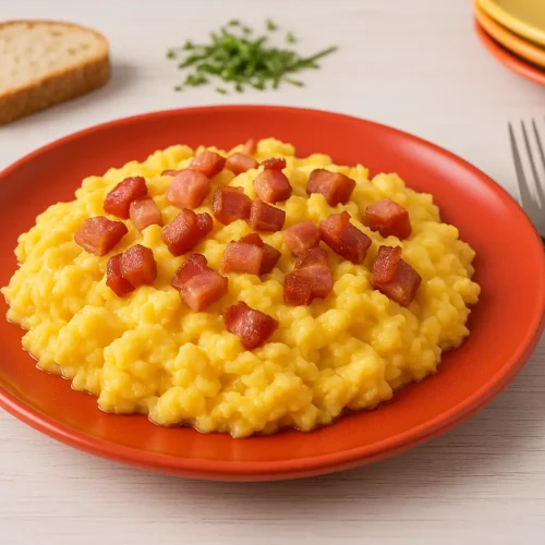 Rührei mit Speck nach DDR-Rezept auf rotem Teller, cremiges Rührei mit knusprigem Speck, daneben Brot, frische Kräuter und modernes Besteck auf weißem Holztisch, fotorealistisch, Breitformat.