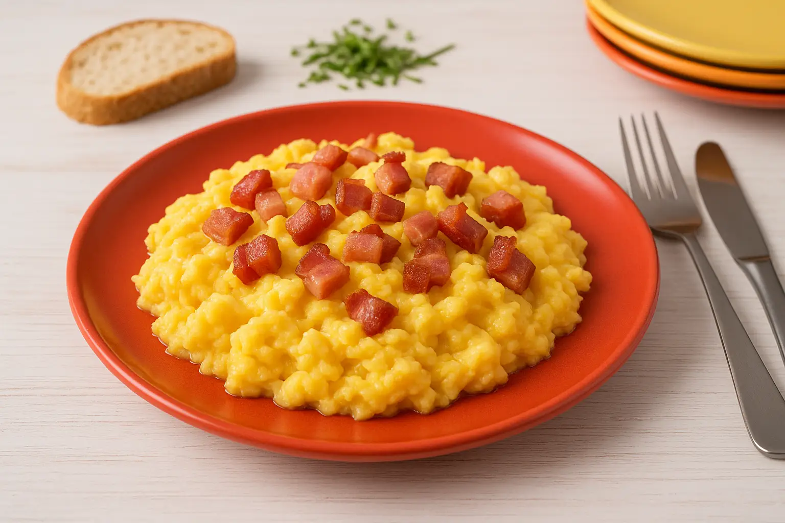 Rührei mit Speck nach DDR-Rezept auf rotem Teller, cremiges Rührei mit knusprigem Speck, daneben Brot, frische Kräuter und modernes Besteck auf weißem Holztisch, fotorealistisch, Breitformat.