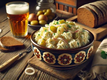 Der fertige sächsische Kartoffelsalat wird in einer dekorativen Schale auf einem rustikalen Holztisch serviert. Der Salat ist cremig, mit kleinen Stücken von Zwiebeln und Essiggurken gut sichtbar. Im Hintergrund steht ein Glas Bier und eine Scheibe Brot, was eine perfekte, traditionelle Mahlzeit in einer gemütlichen Umgebung suggeriert.