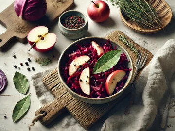 Der fertige Rotkohl wird in einer rustikalen Schale serviert, dekoriert mit einem Lorbeerblatt und Apfelscheiben. Die Präsentation ist schlicht und appetitlich, perfekt als herzhafte Beilage zu einem Braten oder Festtagsessen.