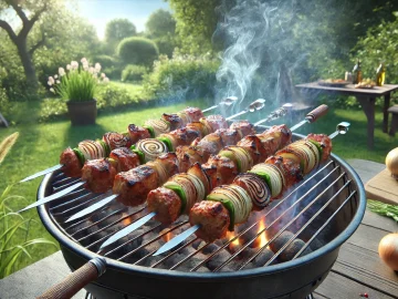 Grillen der Schaschlik-Spieße: Das Foto zeigt einen Grill im Freien, auf dem mehrere Schaschlik-Spieße brutzeln. Der Grillrost ist mit den Spießen belegt, und man sieht, wie das Fleisch und das Gemüse langsam eine schöne Bräunung erhalten. Im Hintergrund ist ein sommerlicher Garten mit grünen Pflanzen und einem Grillbereich zu sehen. Leichter Rauch steigt auf, und die Szene strahlt eine gemütliche Grillatmosphäre aus.