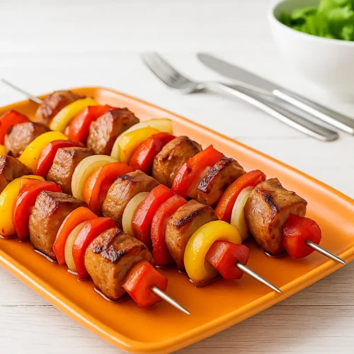 Schaschlik nach DDR-Rezept auf orangefarbener Servierplatte, Spieße mit Fleisch, Paprika, Zwiebeln, Tomaten und Speck, auf weißem Holztisch, dekoriert mit Salatschüssel, modernen Tellern und Besteck.
