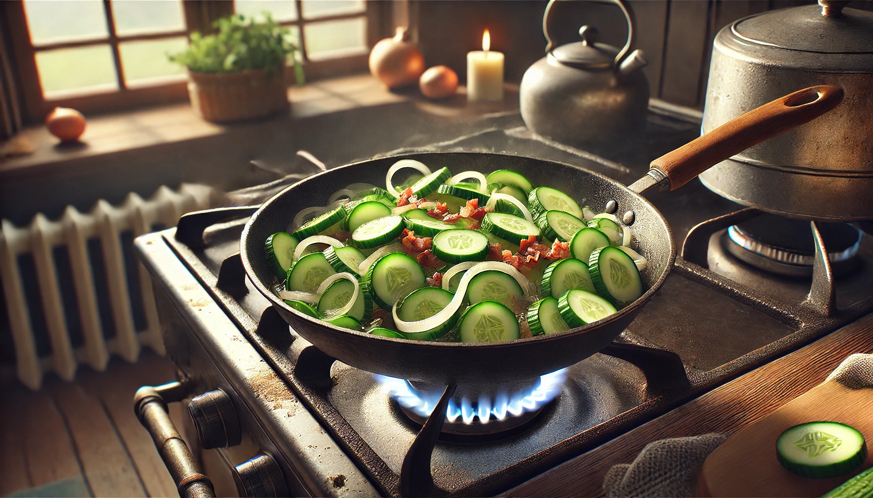 Das Foto zeigt die Pfanne, in der die Gurken zusammen mit den Zwiebeln und dem Speck schmoren. Etwas Flüssigkeit ist bereits hinzugefügt, und der Deckel liegt bereit, um die Pfanne abzudecken. Die Küche im Hintergrund vermittelt eine warme, einladende Atmosphäre.