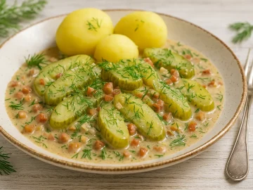 Schmorgurken mit Speck, Zwiebeln und Dill in cremiger Soße, serviert auf rustikalem Teller mit Kartoffeln auf weißem Holztisch.