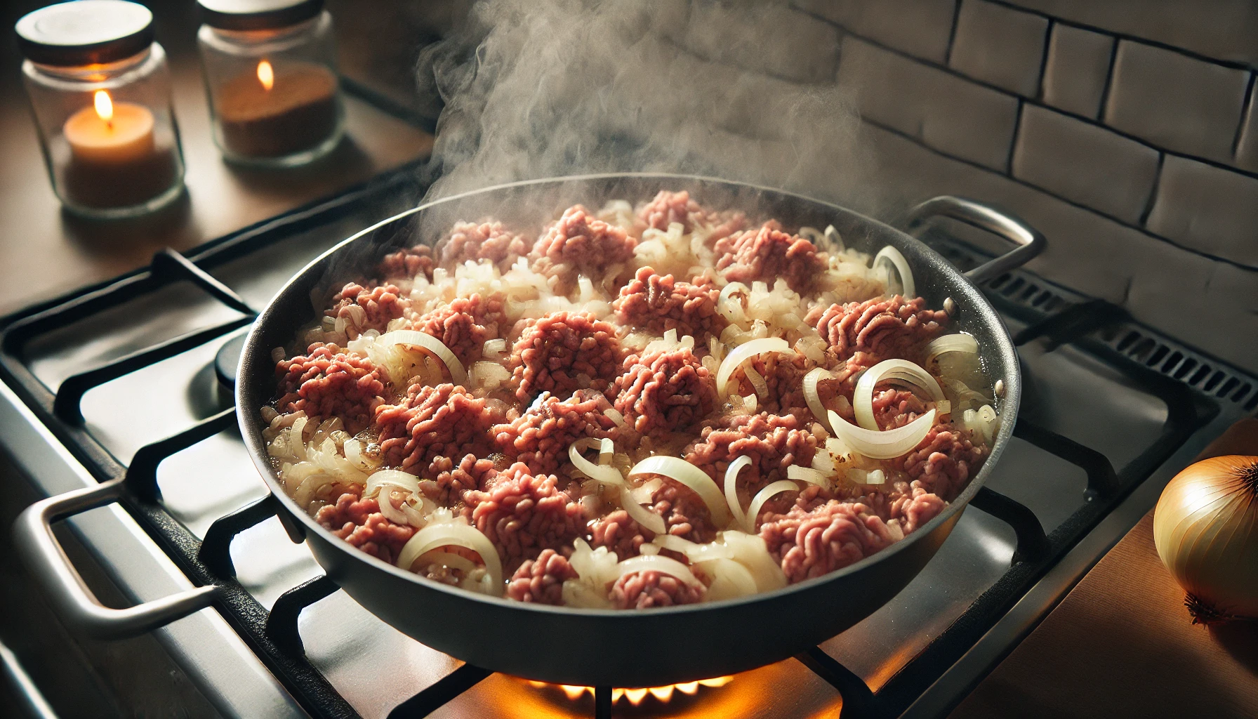 Das Hackfleisch und die Zwiebeln werden in einem großen Schmortopf goldbraun angebraten.