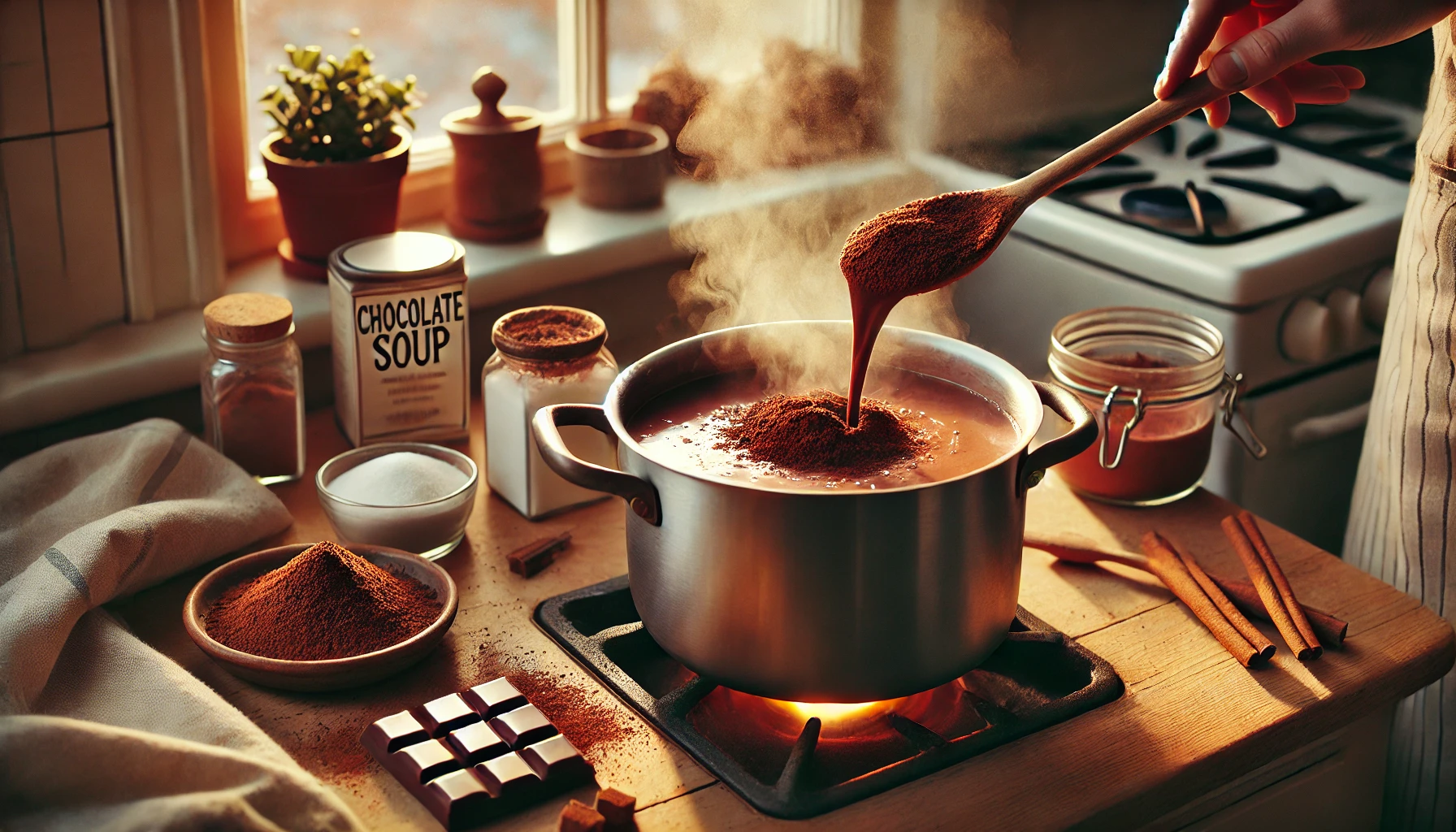 Das Kakaopulver wird in die heiße Milch eingerührt. Die Suppe hat bereits eine dunkelbraune, schokoladige Farbe angenommen, während die Semmelwürfel bereitliegen, um später in die Suppe gegeben zu werden.