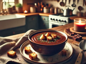 Die Schokoladensuppe wird in einer Schale serviert, garniert mit knusprigen Semmelwürfeln und einer Prise Zimt. Daneben steht ein Löffel, bereit, um diese süße, cremige Leckerei zu genießen. Die Küche ist warm beleuchtet und vermittelt eine gemütliche Atmosphäre.