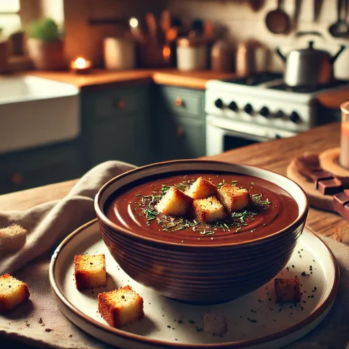 Die Schokoladensuppe wird in einer Schale serviert, garniert mit knusprigen Semmelwürfeln und einer Prise Zimt. Daneben steht ein Löffel, bereit, um diese süße, cremige Leckerei zu genießen. Die Küche ist warm beleuchtet und vermittelt eine gemütliche Atmosphäre.