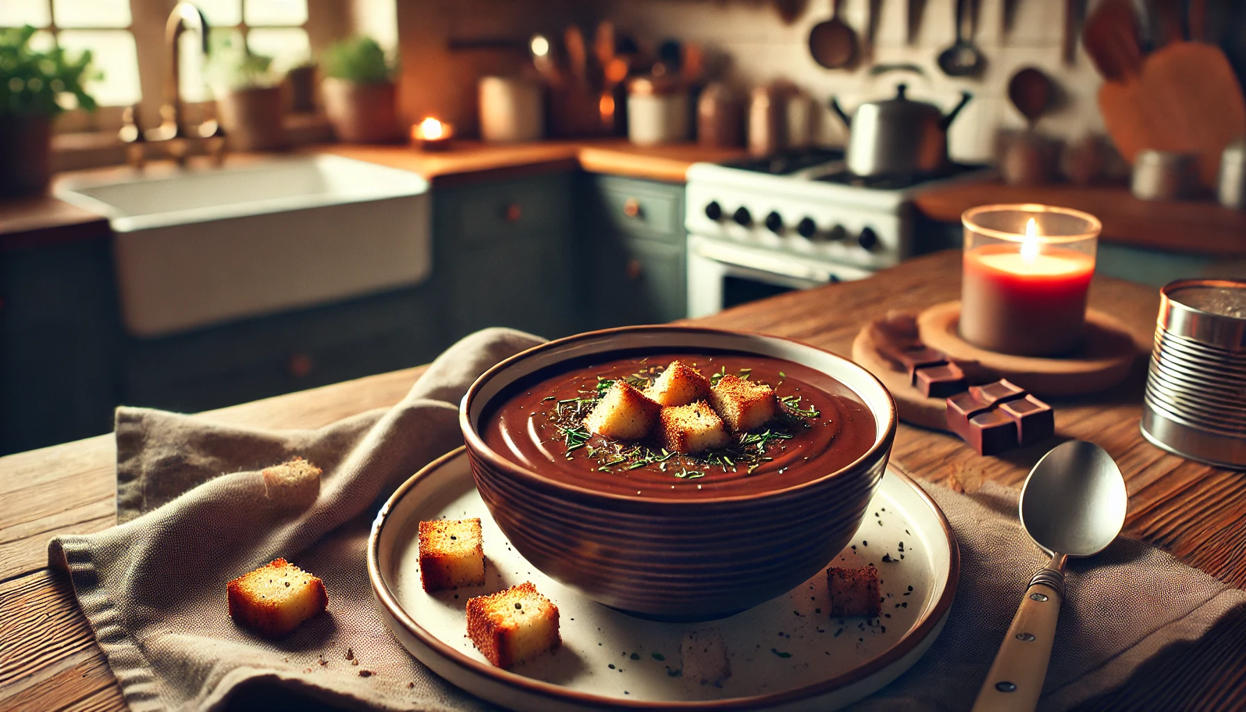 Die Schokoladensuppe wird in einer Schale serviert, garniert mit knusprigen Semmelwürfeln und einer Prise Zimt. Daneben steht ein Löffel, bereit, um diese süße, cremige Leckerei zu genießen. Die Küche ist warm beleuchtet und vermittelt eine gemütliche Atmosphäre.