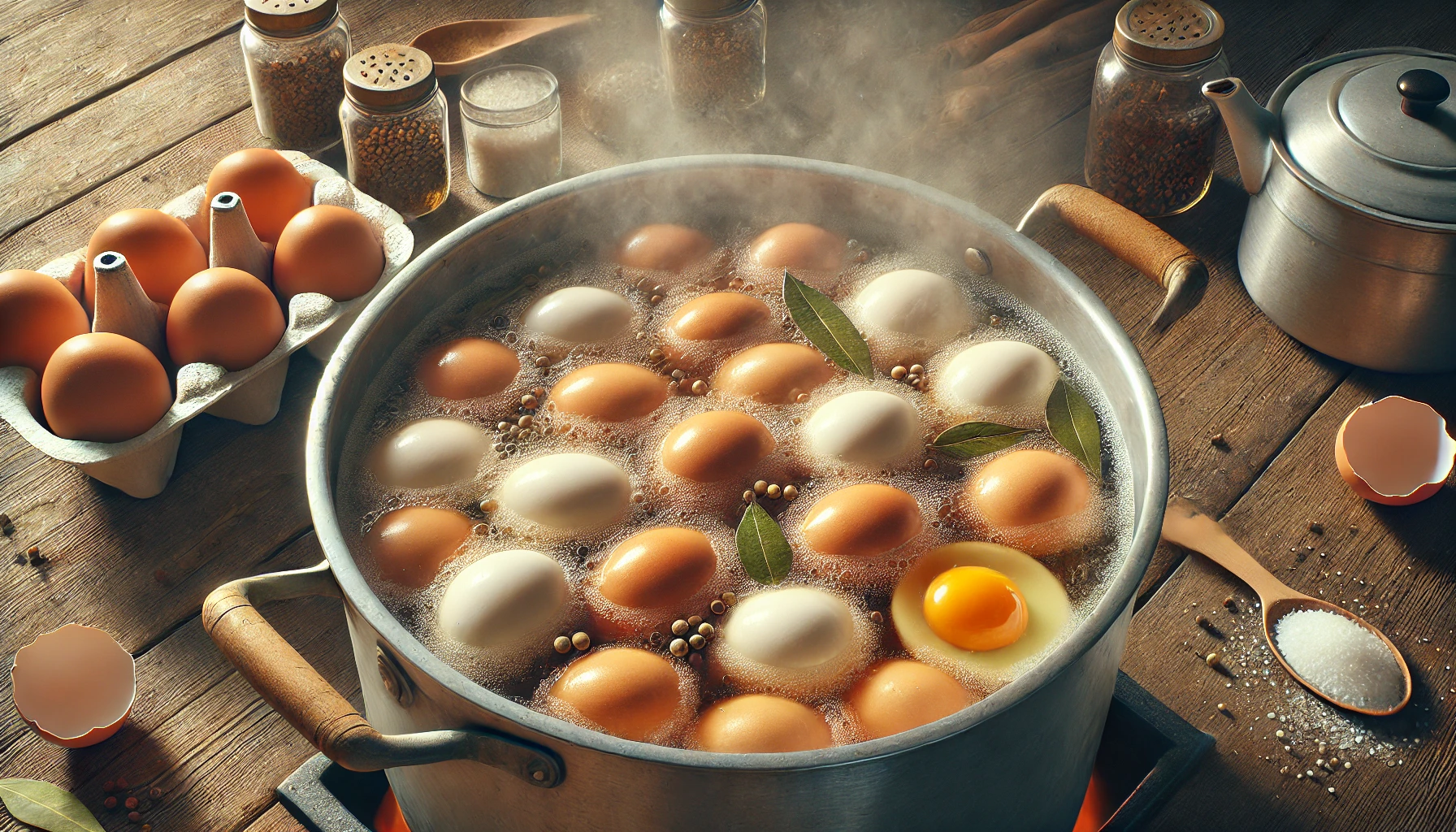 Essig, Wasser, Salz, Lorbeerblätter, Senfkörner und Zwiebeln werden in einem Topf zusammen aufgekocht.