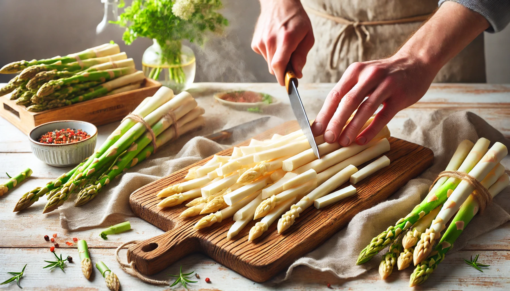 Der gekochte Spargel wird auf einem Schneidebrett in gleichmäßige Stücke geschnitten. Die saftigen Spargelstangen sind noch leicht dampfend.