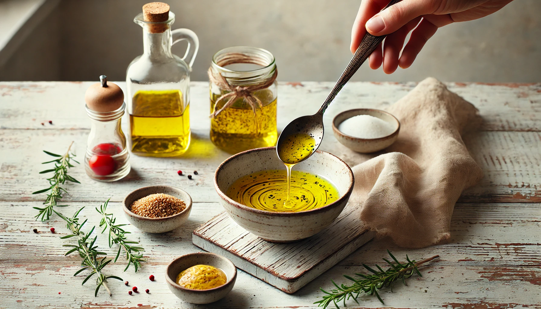 Eine Schale mit Öl, Essig, Senf und Zucker steht bereit, um zur Vinaigrette angerührt zu werden. Ein Löffel rührt die Zutaten cremig.