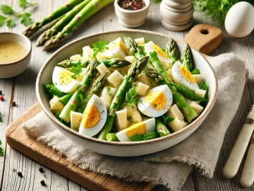 Der fertige Spargelsalat ist angerichtet. Die Spargelstücke und Eierscheiben sind in einer leichten Vinaigrette vermengt und mit frischen Kräutern garniert.