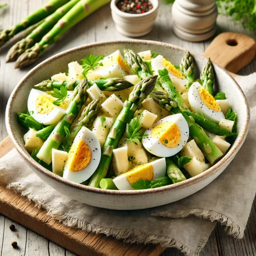 Der fertige Spargelsalat ist angerichtet. Die Spargelstücke und Eierscheiben sind in einer leichten Vinaigrette vermengt und mit frischen Kräutern garniert.