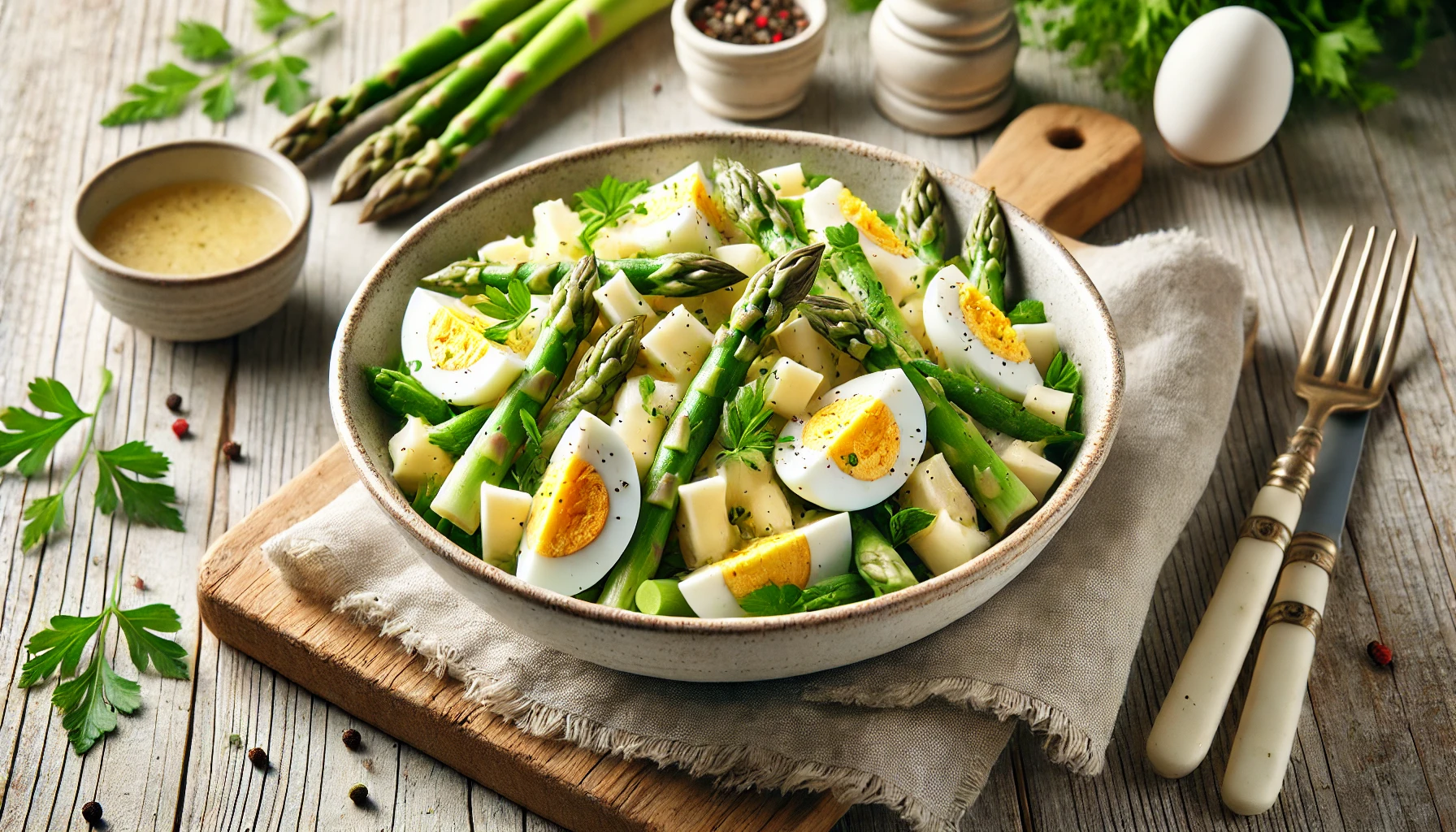 Der fertige Spargelsalat ist angerichtet. Die Spargelstücke und Eierscheiben sind in einer leichten Vinaigrette vermengt und mit frischen Kräutern garniert.