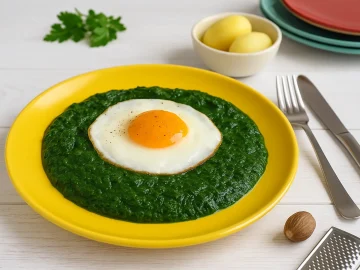 Spinat mit Spiegelei nach DDR-Rezept auf gelbem Teller, cremiger Spinat mit gebratenem Ei, dazu Salzkartoffeln, modernes Besteck, bunte Teller und Petersilie auf weißem Holztisch.
