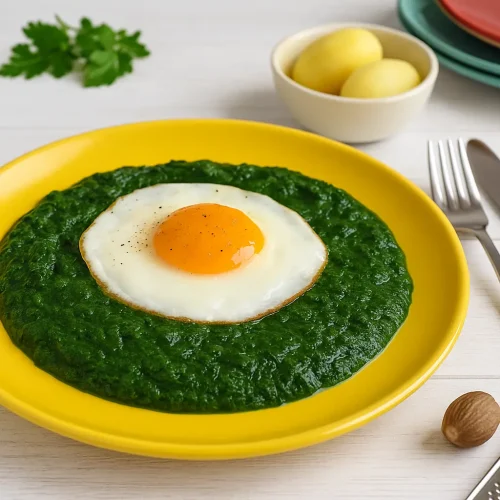 Spinat mit Spiegelei nach DDR-Rezept auf gelbem Teller, cremiger Spinat mit gebratenem Ei, dazu Salzkartoffeln, modernes Besteck, bunte Teller und Petersilie auf weißem Holztisch.