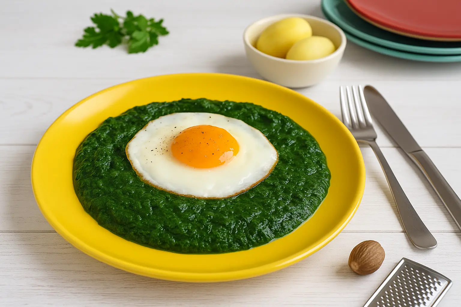 Spinat mit Spiegelei nach DDR-Rezept auf gelbem Teller, cremiger Spinat mit gebratenem Ei, dazu Salzkartoffeln, modernes Besteck, bunte Teller und Petersilie auf weißem Holztisch.