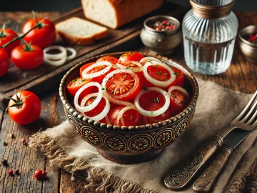 Der fertige Tomatensalat wird in einer dekorativen Schale auf einem rustikalen Holztisch serviert. Die leuchtenden Tomaten und Zwiebelringe sind gleichmäßig mit dem Dressing überzogen. Im Hintergrund steht eine Scheibe Brot und ein Glas Wasser, was die Szene eines leichten Sommeressens perfekt abrundet.