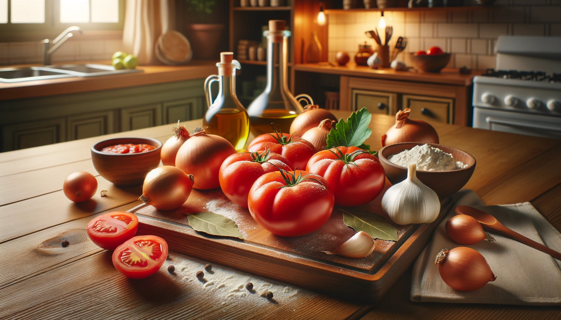 Auf einem hölzernen Schneidebrett liegen frische Tomaten, Zwiebeln, Butter, Knoblauch, Mehl, und Lorbeerblatt bereit. Die Szene ist in einer gemütlichen, modernen Küche platziert, die ein warmes, einladendes Ambiente vermittelt.