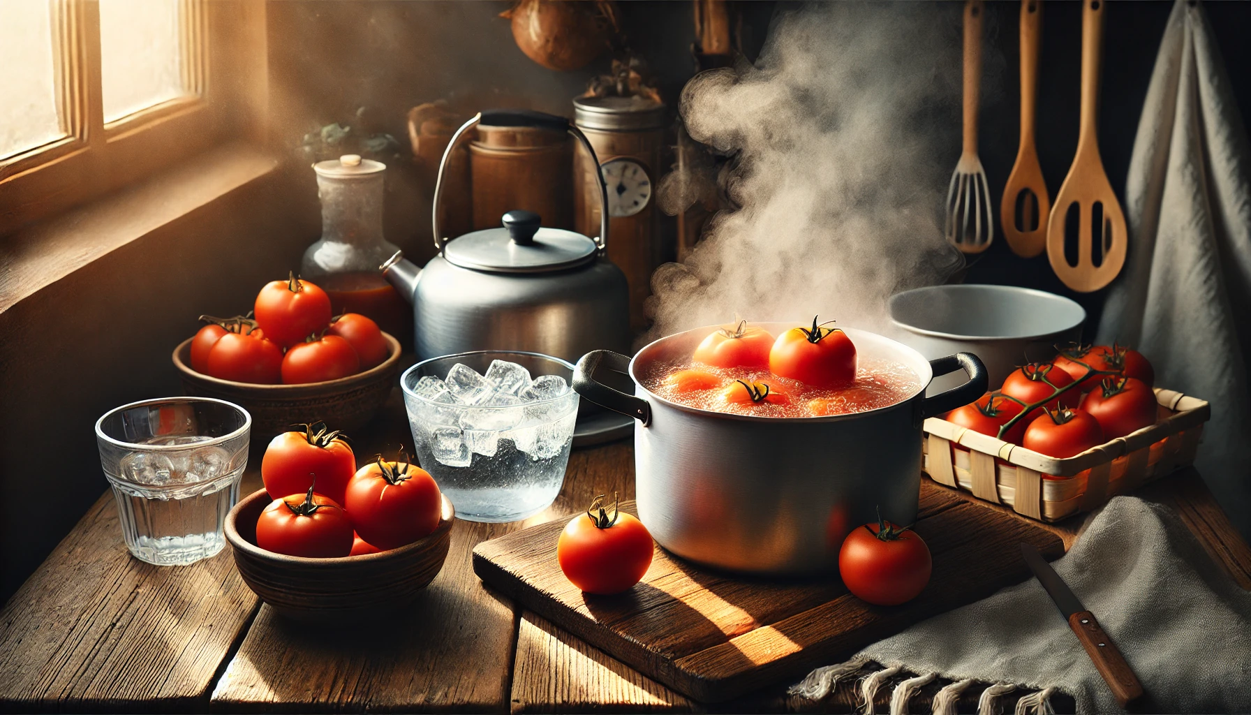 In einem großen Topf werden die Tomaten blanchiert, während der Dampf aufsteigt. Neben dem Topf steht eine Schale mit Eiswasser bereit, um die Tomaten abzukühlen. Im Hintergrund ist die gemütliche Küchenszene mit weiteren Zutaten zu sehen.