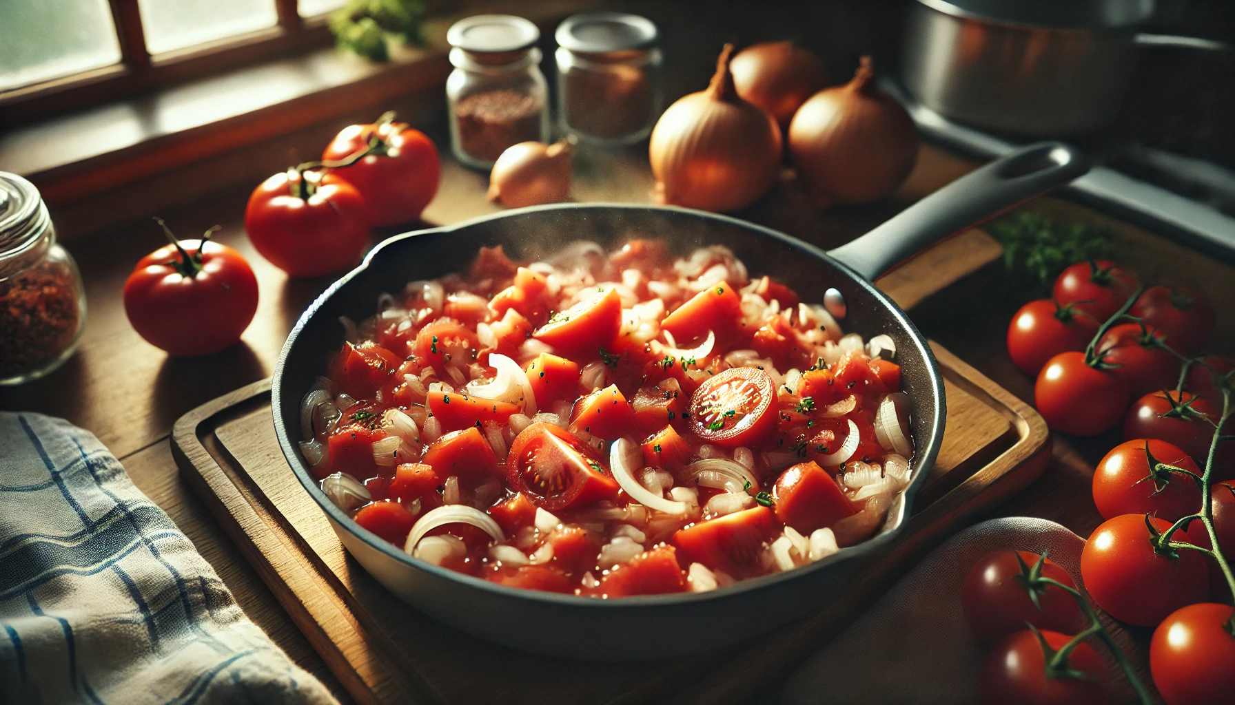 Die gewürfelten Tomaten werden zusammen mit den Zwiebeln in einer Pfanne langsam gekocht. Die Tomaten beginnen zu zerfallen und die Aromen verbinden sich. Die warme Beleuchtung der Küche schafft eine angenehme Atmosphäre, in der das Kochen zum Genuss wird.