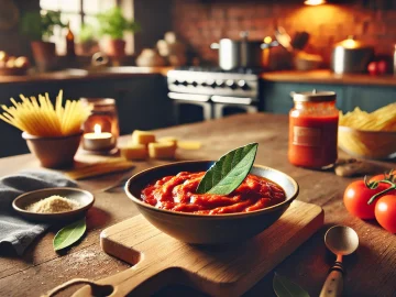 Fertige Tomatensoße: Die sämige, fertige Tomatensoße wird in einer Schüssel serviert und mit einem Lorbeerblatt garniert, bereit zum Servieren mit Nudeln.