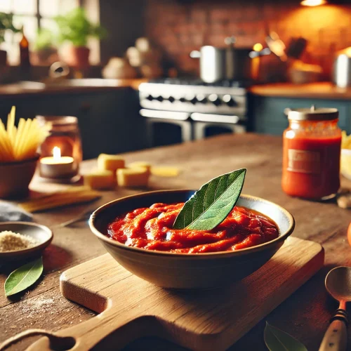 Fertige Tomatensoße: Die sämige, fertige Tomatensoße wird in einer Schüssel serviert und mit einem Lorbeerblatt garniert, bereit zum Servieren mit Nudeln.