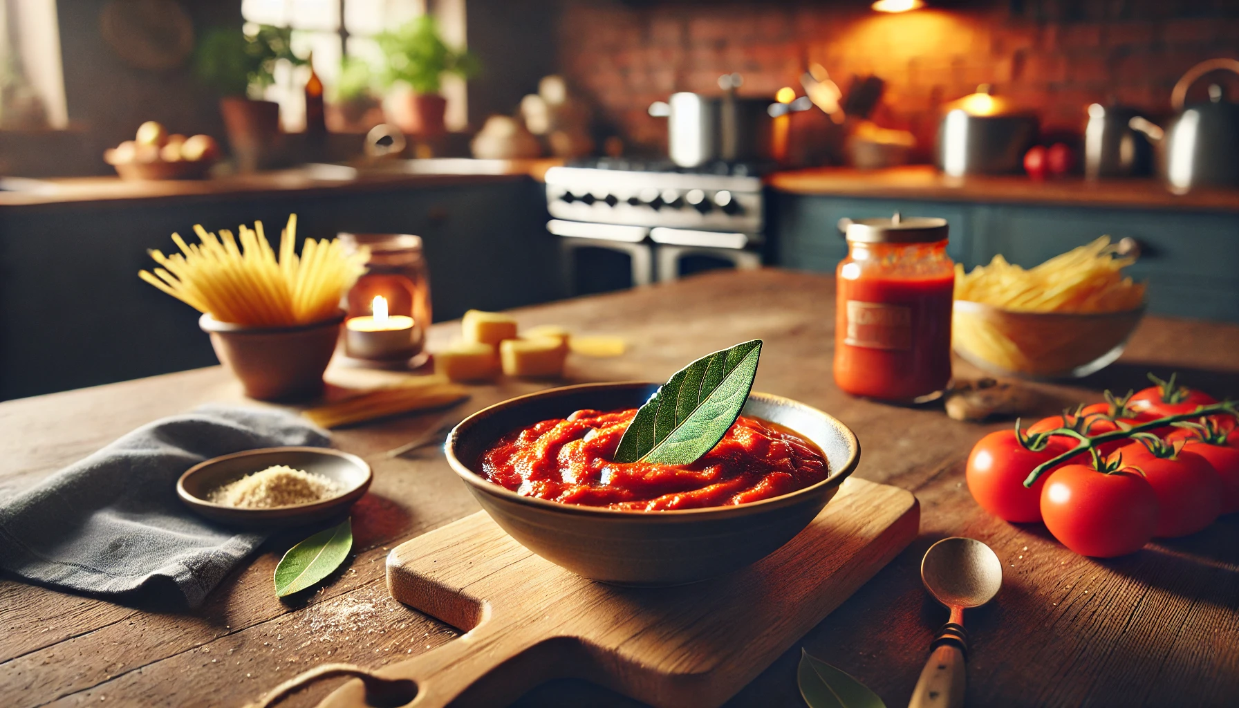 Fertige Tomatensoße: Die sämige, fertige Tomatensoße wird in einer Schüssel serviert und mit einem Lorbeerblatt garniert, bereit zum Servieren mit Nudeln.