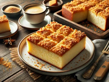 Der fertig gebackene Zuckerkuchen liegt auf einem rustikalen Holztisch. Der Kuchen ist in großzügige Stücke geschnitten und zeigt den knusprigen Zuckerbelag und die weiche, luftige Krume. Ein Teller mit einem Stück Kuchen steht bereit, daneben eine Tasse Kaffee und ein kleines Bouquet frischer Blumen.