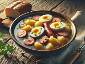 Das Foto zeigt eine Schale mit heißem Żurek, garniert mit Wurstscheiben, hartgekochten Eiern und Kartoffeln. Daneben liegt ein Stück Brot, und die Szene ist warm und einladend, perfekt für eine herzhafte Mahlzeit.