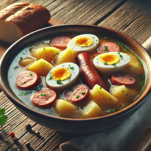 Das Foto zeigt eine Schale mit heißem Żurek, garniert mit Wurstscheiben, hartgekochten Eiern und Kartoffeln. Daneben liegt ein Stück Brot, und die Szene ist warm und einladend, perfekt für eine herzhafte Mahlzeit.