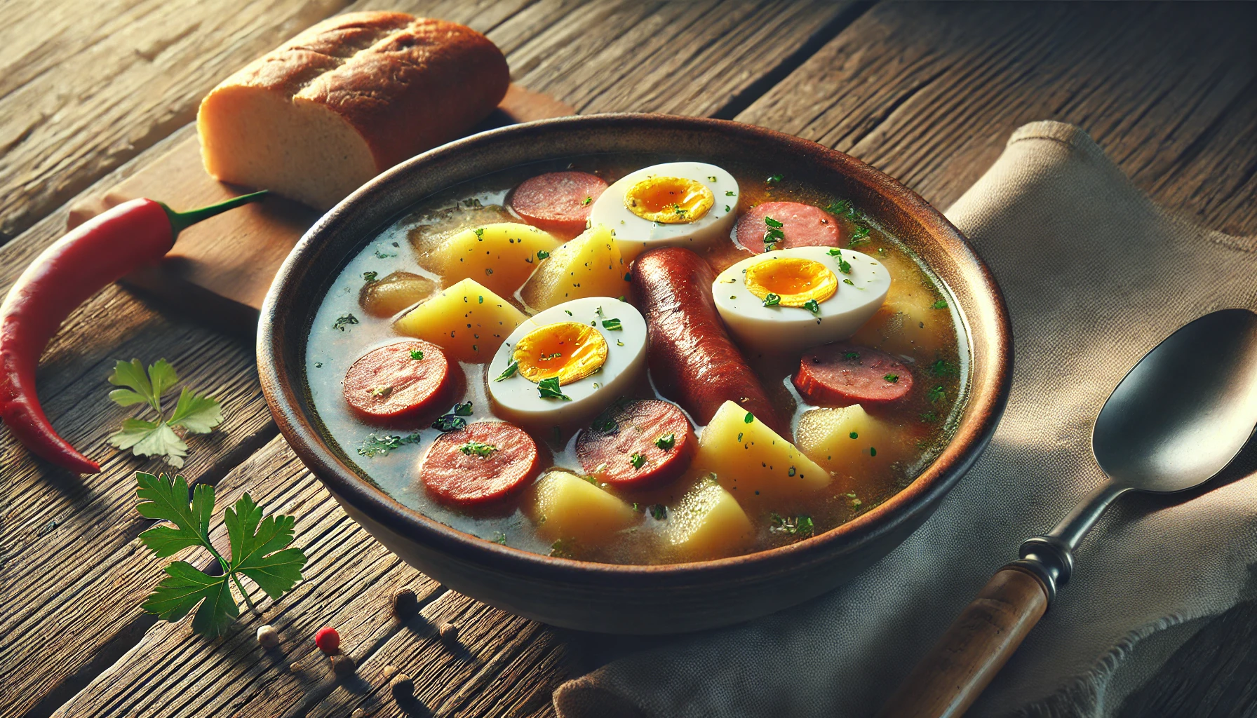 Das Foto zeigt eine Schale mit heißem Żurek, garniert mit Wurstscheiben, hartgekochten Eiern und Kartoffeln. Daneben liegt ein Stück Brot, und die Szene ist warm und einladend, perfekt für eine herzhafte Mahlzeit.