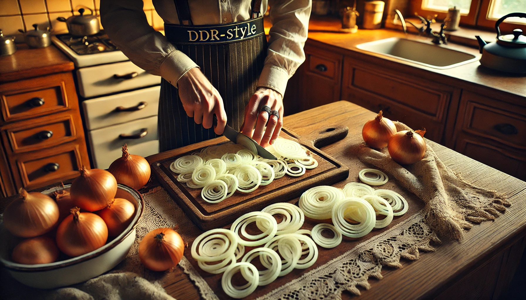 Essig, Öl, Zucker und Gewürze werden in einer Schüssel zu einer glatten Marinade verrührt, die Zwiebeln warten bereits darauf, hineingelegt zu werden.