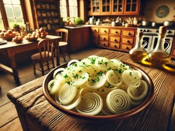 Der fertige Zwiebelsalat wird in einer Schüssel serviert, bereit als Beilage zu gegrilltem Fleisch oder Brot. Die Zwiebelringe sind leicht durchzogen und glänzen in der Marinade.