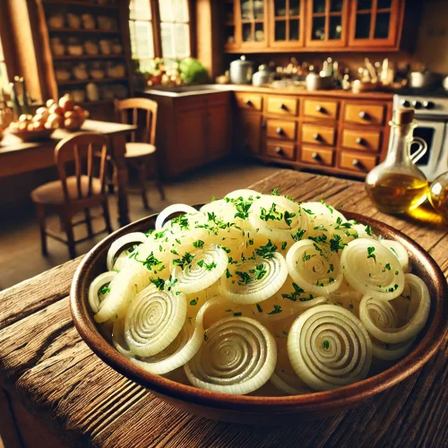 Der fertige Zwiebelsalat wird in einer Schüssel serviert, bereit als Beilage zu gegrilltem Fleisch oder Brot. Die Zwiebelringe sind leicht durchzogen und glänzen in der Marinade.