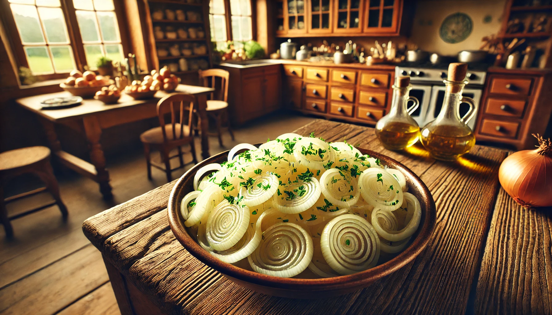 Der fertige Zwiebelsalat wird in einer Schüssel serviert, bereit als Beilage zu gegrilltem Fleisch oder Brot. Die Zwiebelringe sind leicht durchzogen und glänzen in der Marinade.