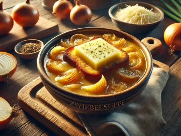 Die Zwiebelsuppe wird heiß serviert, mit geröstetem Brot und geschmolzenem Käse darauf angerichtet, bereit zum Genießen.